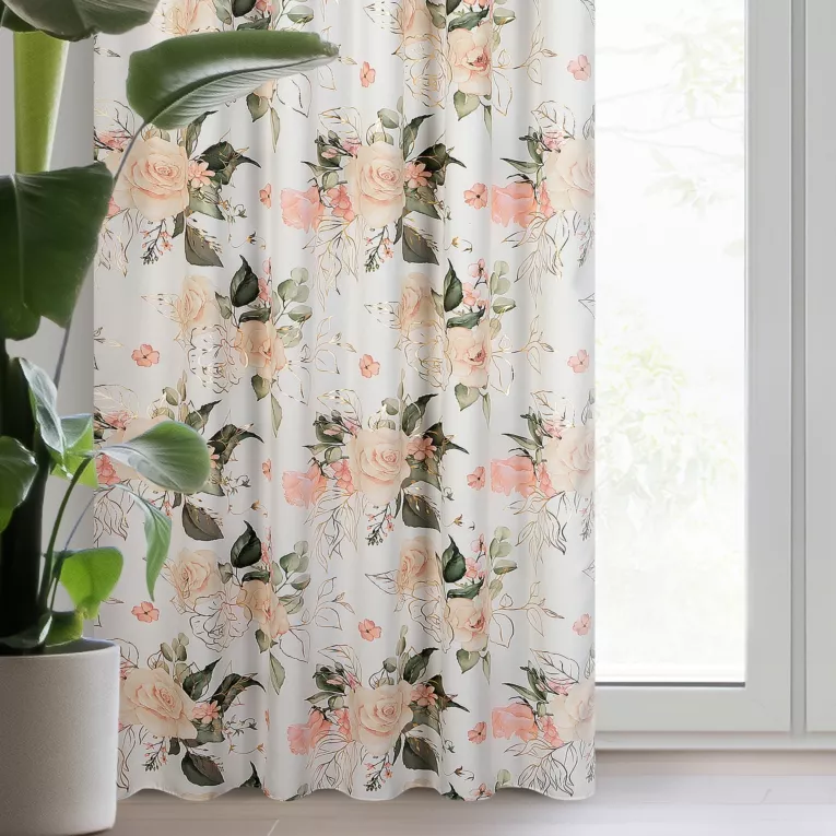 Zasłona biało, różowa w piękne róże , zaciemniająca 135x270 taśma ROSE