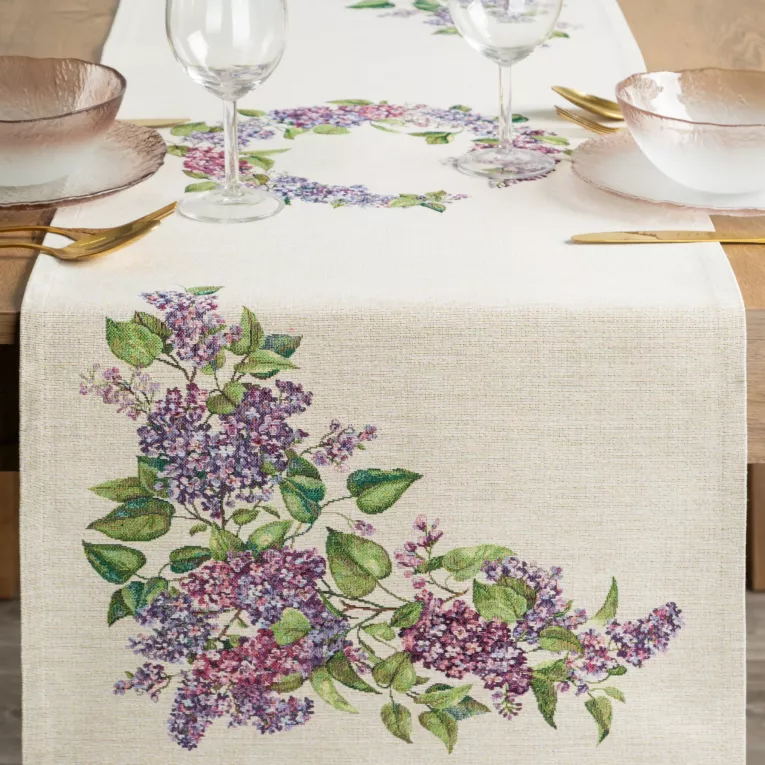 Obrus na stół naturalno, fioletowy 45x140 cm gobelinowy zdobiony motywem bzu