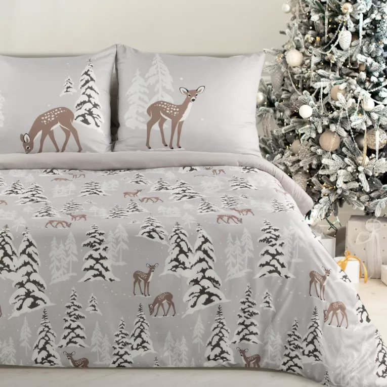 Pościel świąteczna 160x200 cm z mikrowłókna kolor beżowy, jasnoszary z motywem zimowego lasu MALMO