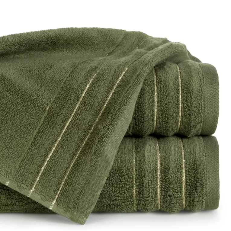 Ręcznik do rąk 30x50 cm bawełniany kolor zielony zdobiony prążkami  z błyszczącej nici 500 g/m2 LUNARI