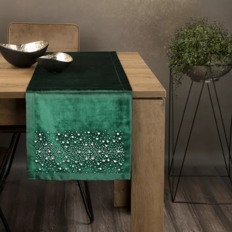 Bieżnik ROYAL 2 z gładkiego welwetu z cyrkoniami ciemnozielony