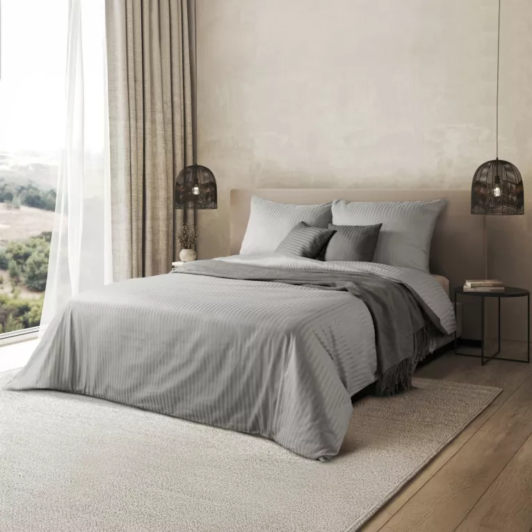 Pościel 220x200 cm satyna bawełniana kolor srebrny w drobne prążki VERA