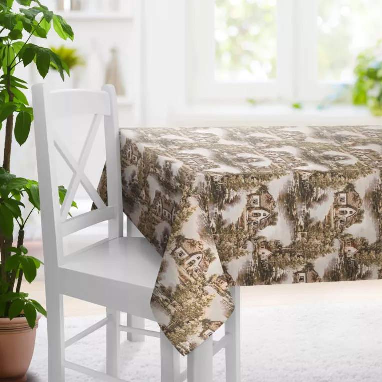 Obrus szyty beżowo brązowy z tkaniny o rustykalnym wzorze Italissima Eva Minge