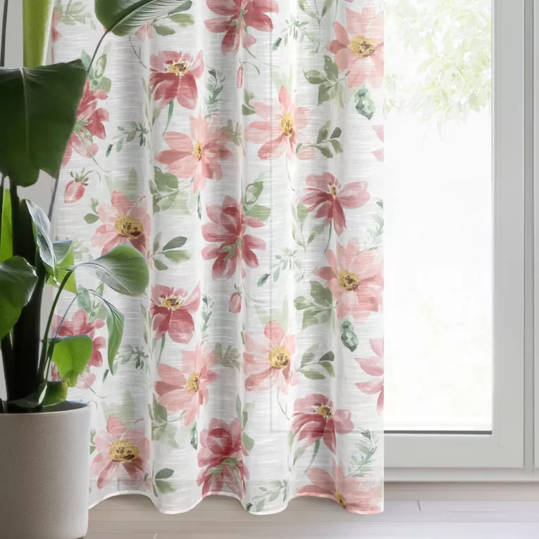 Zasłona biało, ciemnoróżowa zdobiona nadrukiem kwiatów 140x250 cm przelotka - DEBI
