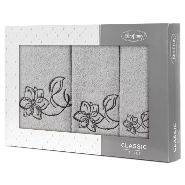 Zestaw ręczników bawełnianych na prezent 3 szt kolor srebrny, stalowy z haftem uroczych kwiatów 400 g/m2 LILA
