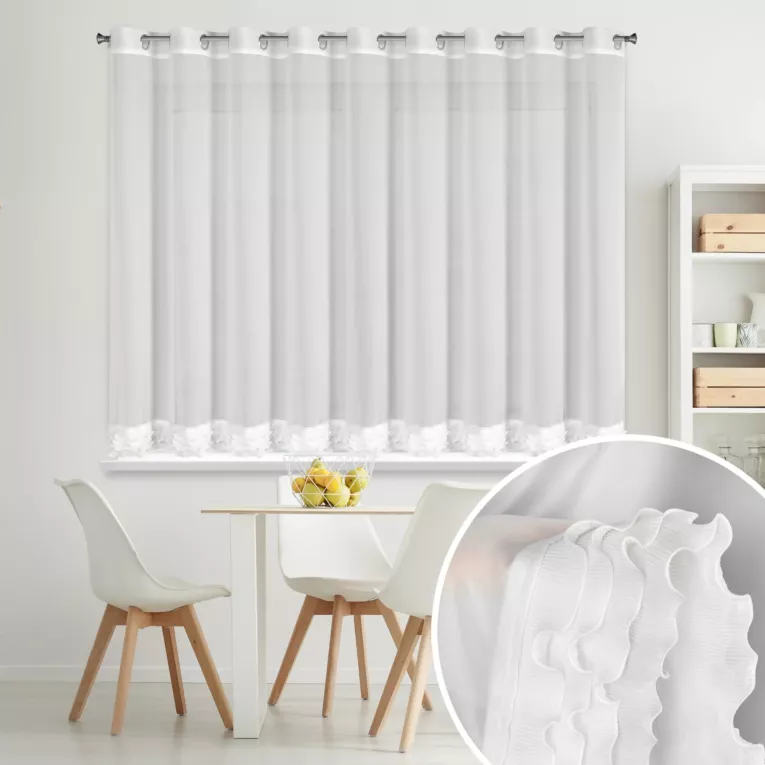 Firana biała z szyfonu 400x160 cm zdobiona falbanką przelotka - LUISA