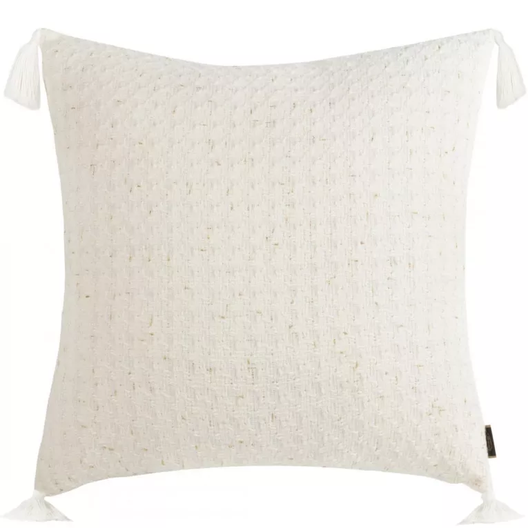 Poszewka na poduszkę 60x60 cm z żakardowej tkaniny przetykanej złotą nicią z ozdobnymi chwostami na rogach kremowa SEVILLE Terra Collection