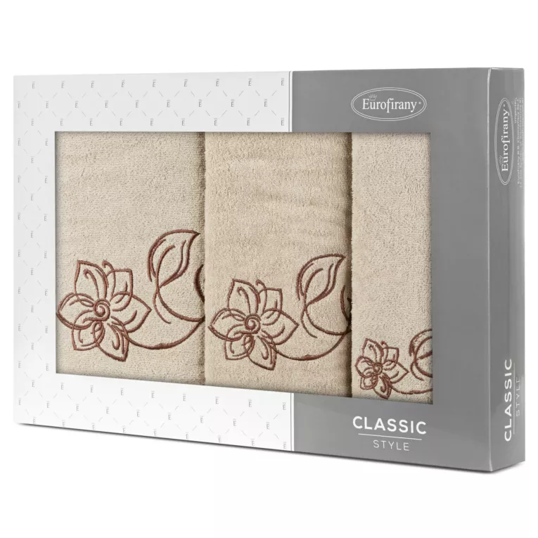Zestaw ręczników bawełnianych na prezent 3 szt kolor beżowy, brązowy z haftem uroczych kwiatów 400 g/m2 LILA