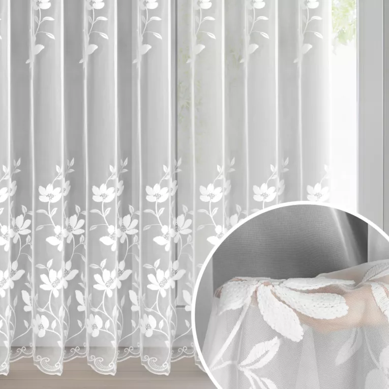 Firana biała z tkaniny typu peru zdobiona haftem 350x250 cm przelotka - SANDI