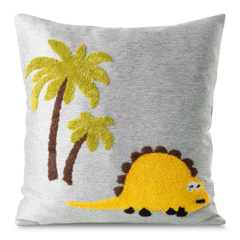 Poszewka na poduszkę 45x45 cm srebrno żółta z dinozaurami haftowanymi puszystą nicią DINO 1