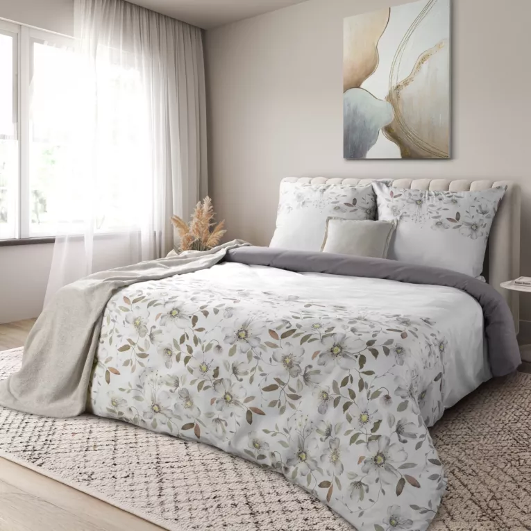 Pościel 140x200 cm komplet 2 częściowy satyna bawełniana kolor popielato, biały zdobiony motywem kwiatów  SPRING 106