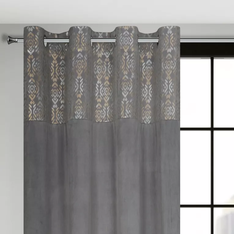 Zasłona stalowo, złota z dekoracyjnym pasem z welwetu 140x250 cm przelotka - LIZA