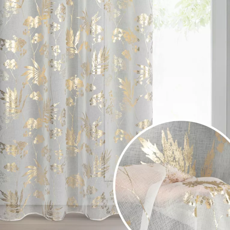 Firana biało, szampańska z etaminy z motywem roślinnym 140x250 cm przelotki - DELIA
