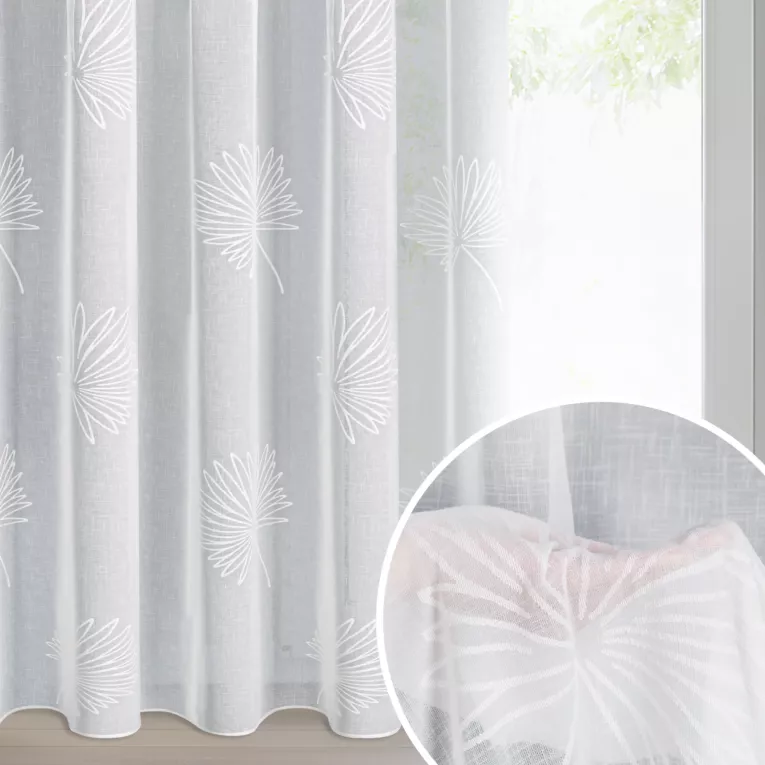 Firana biała z lekkiej etaminy z żakardowym motywem liści 140x270 cm taśma JANE