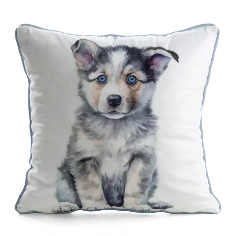 Poszewka na poduszkę 45x45 cm welwetowa biało, szara z motywem psa ANIMAL 83