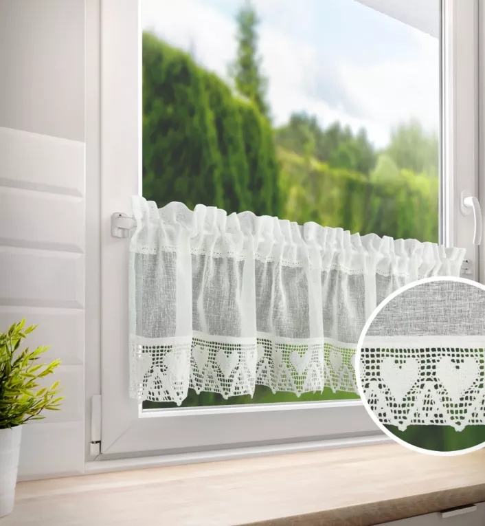 Zazdrostka kremowa z etaminy zdobionej szeroką koronką, styl rustykalny 150x30 cm tunel Doris