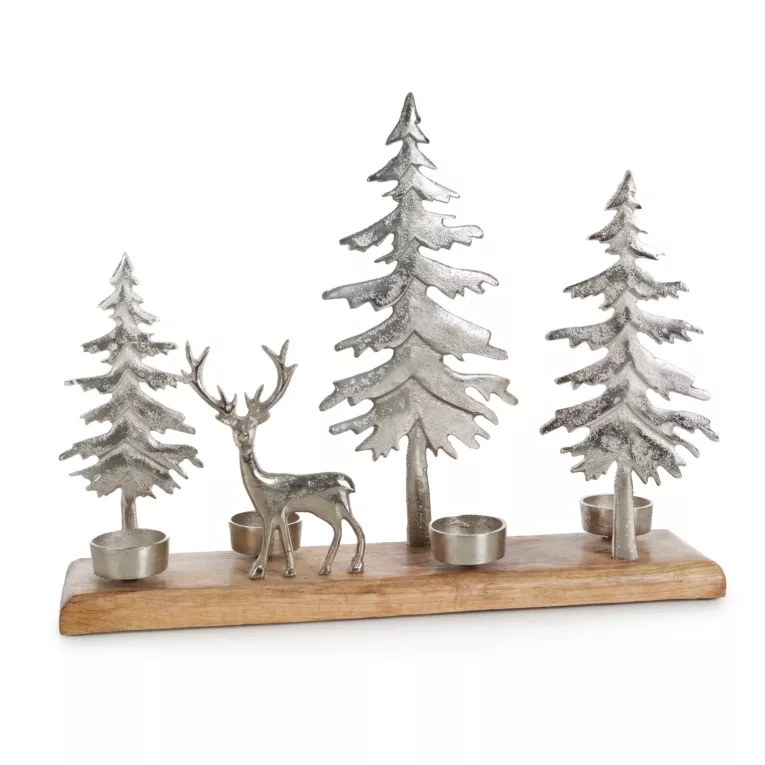 Figurka świąteczna - świecznik drewniany z dodatkiem metalowych choinek