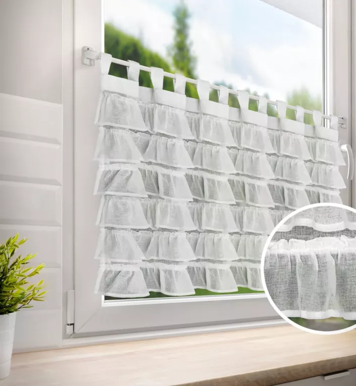 Zazdrostka biała z etaminy zdobiona subtelnymi falbanami 150x70 cm szelki LILIA