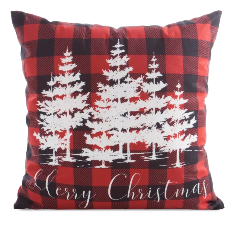 Poszewka na poduszkę 45x45 cm welwetowa czerwono, biała zdobiona świątecznym nadrukiem choinek