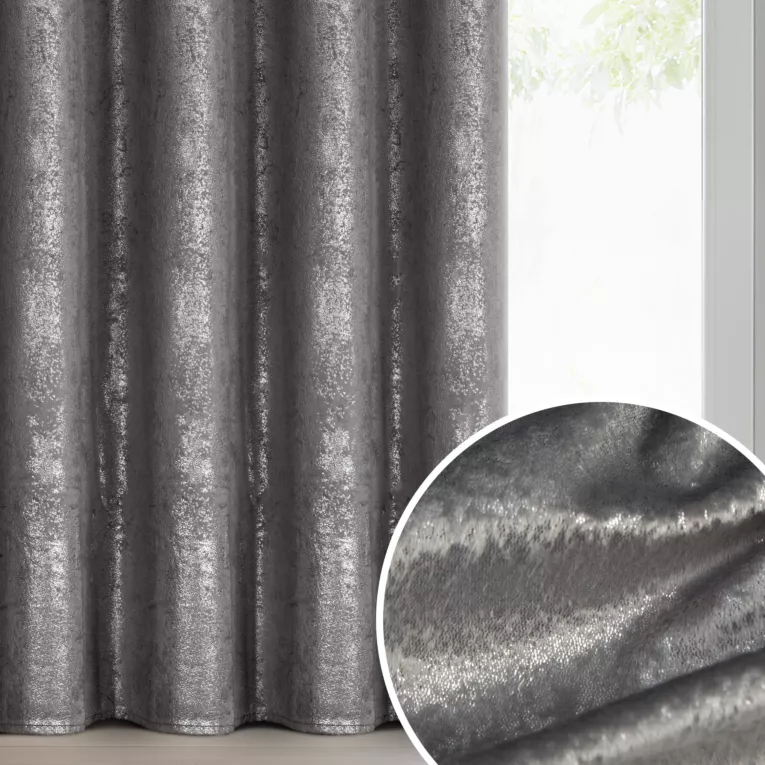 Zasłona stalowo, srebrna welwetowa z nakrapianym nadrukiem 135x270 cm taśma - AVENA