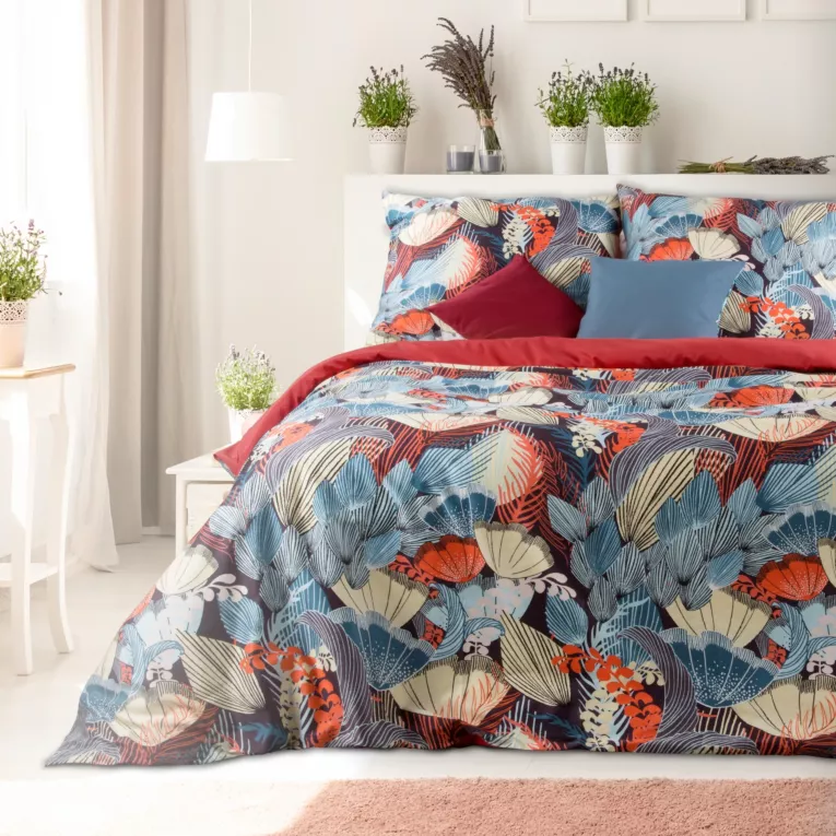 Pościel 160x200 cm z makosatyny kolor niebieski, czerwony wzór abstrakcyjny SABA