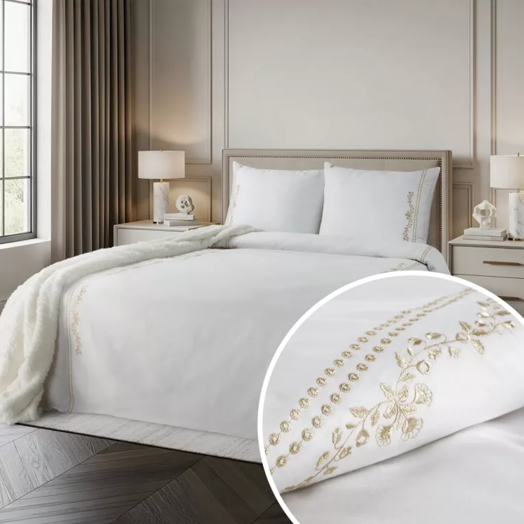 Pościel 220x200 cm komplet 3 częściowy z makosatyny bawełnianej kolor biały, beżowy zdobiona subtelnym haftem REINA 53