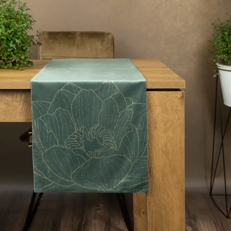 Bieżnik na stół ciemnomiętowo, złocisty 35x140 cm welwetowy BLINK 13 z dużym wzorem lilii wodnej