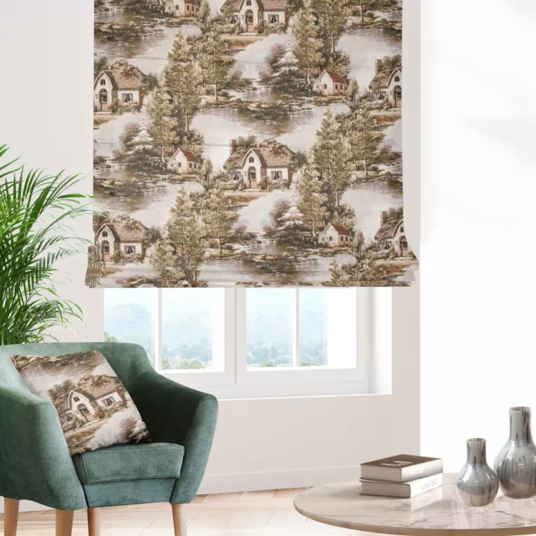 Roleta rzymska beżowo brązowa z tkaniny o rustykalnym wzorze Italissima Eva Minge