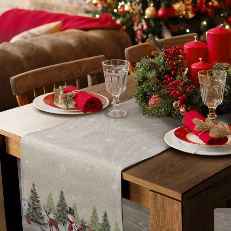 Bieżnik na stół 40x100 cm naturalno, srebrny gobelinowy z motywem zimowej wioski