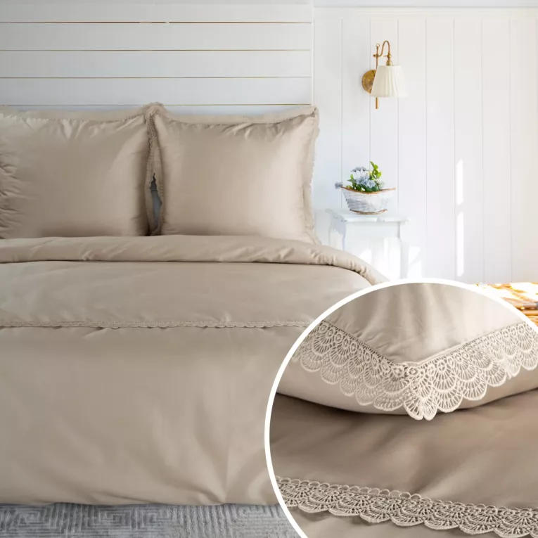 Pościel 160x200 cm komplet 3 częściowy z satyny bawełnianej kolor beżowy zdobiona elegancką koronką RETRO 6