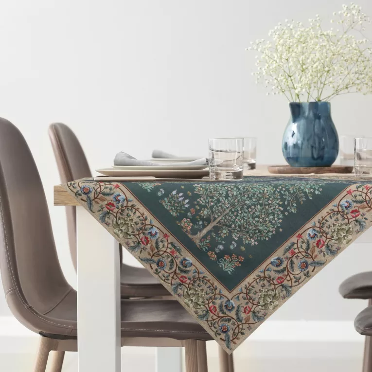 Obrus na stół zielono, beżowy 100x100 cm gobelinowy zdobiony żakardowym wzorem drzewka