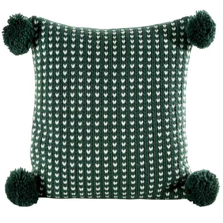 Poszewka na poduszkę 45x45 cm świąteczna zielono biała o plecionej strukturze z pomponami