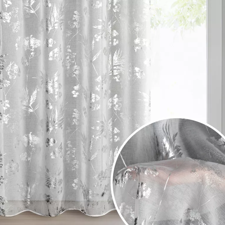 Firana biało, srebrna z etaminy z motywem roślinnym 140x250 cm przelotki - DELIA