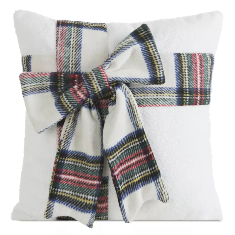 Poszewka na poduszkę świąteczna 45x45 cm kremowo, czerwona zdobiona kokardą