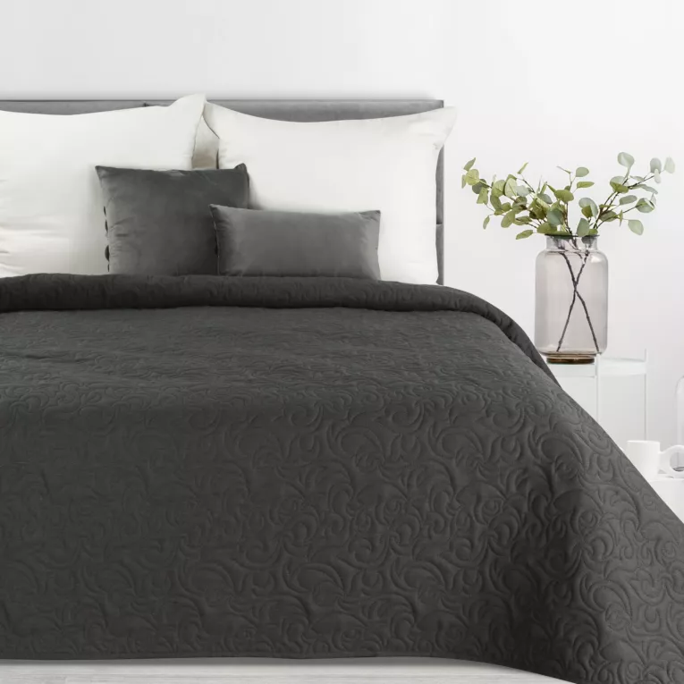 Narzuta z tkaniny imitującej len grafitowa 220x240 cm na łóżko pikowana metodą hot press LENA 4 Eurofirany Premium