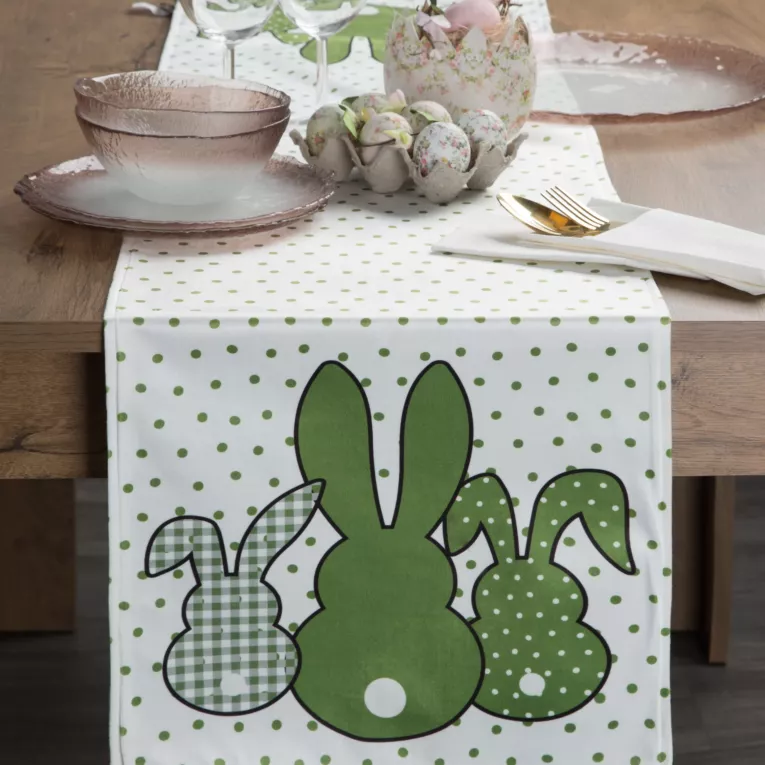 Bieżnik na stół biało, zielony 35x140 cm welwetowy WIOSNA 1 zdobiony nadrukiem siedzących zajączków