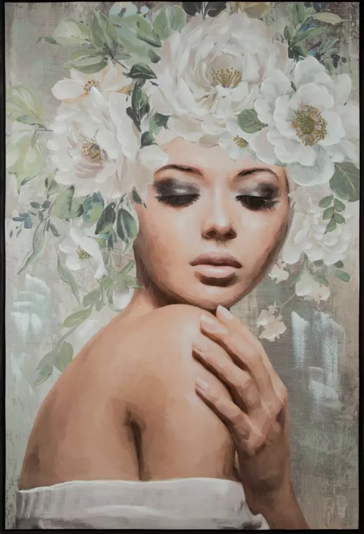 Obraz BLUSH 2 ręcznie malowany na płótnie portret kobiety z kwiatami na głowie w  czarnej ramie