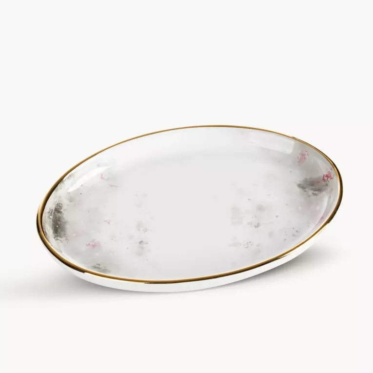 Patera dekoracyjna biało, srebrna zdobiona subtelnym wzorem 23x16x3 cm LUMIA