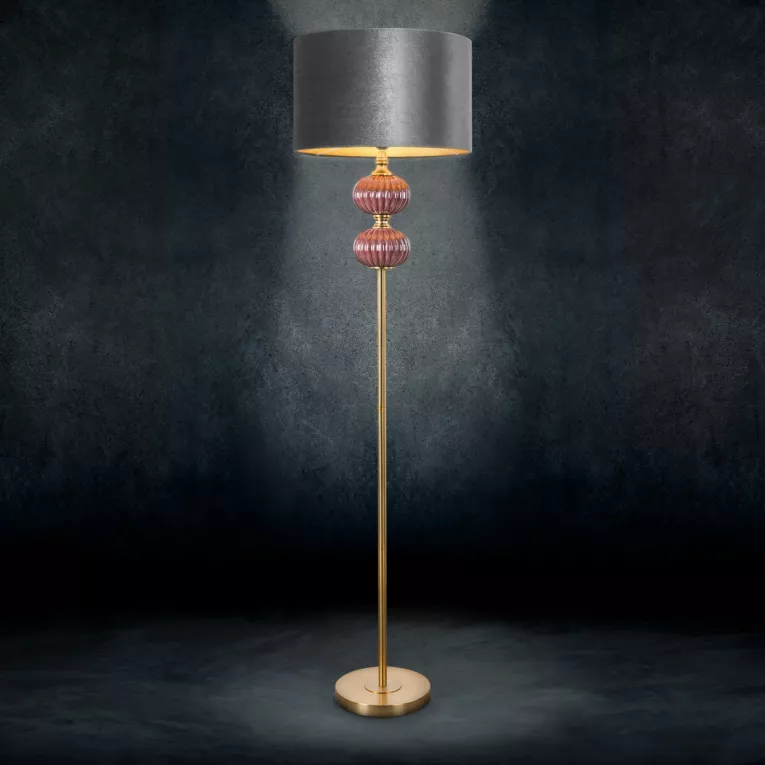 Lampa stojąca do salonu stalowo, bordowa MARITA z welwetowym abażurem