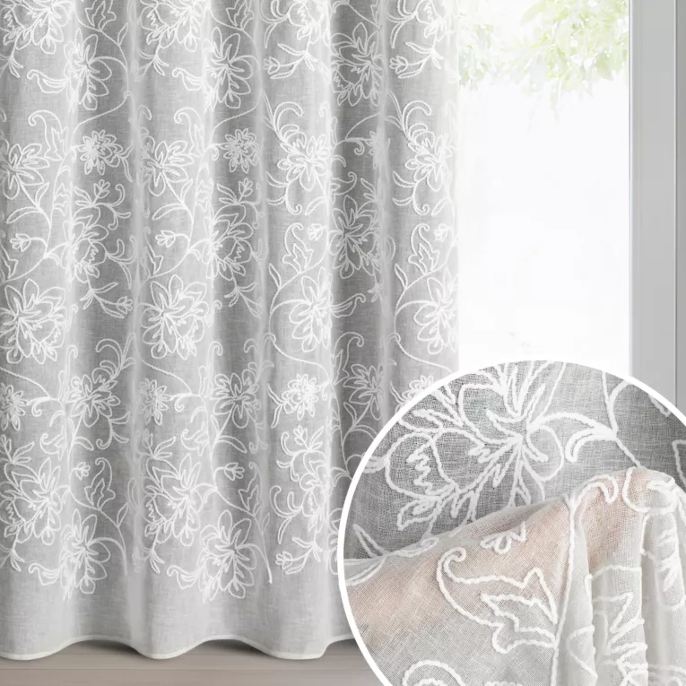 Zasłona biała z tkaniny o naturalnym wyglądzie zdobiona szenilowym haftem 140x250 cm przelotki - LILY