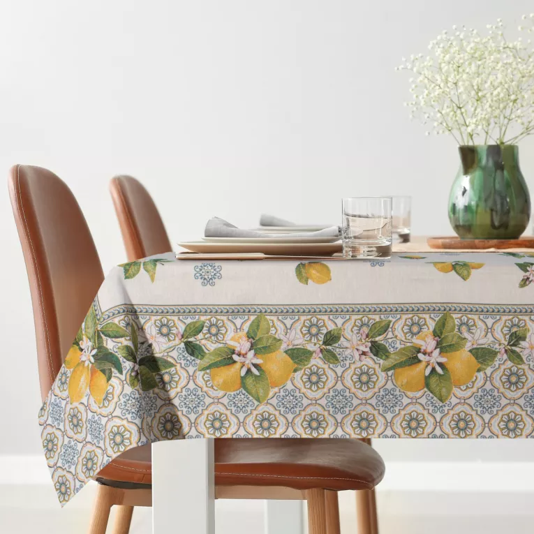 Obrus naturalno, żółty 140x180 cm gobelinowy z nadrukiem letnich cytryn