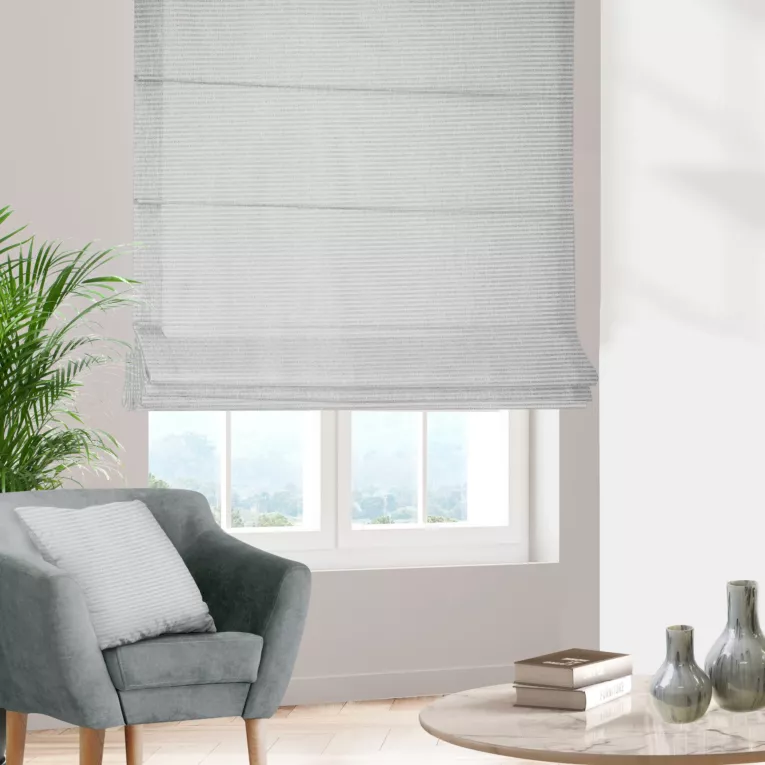 Roleta rzymska FIONA srebrna z dwustronnej tkaniny w paseczki z dodatkiem srebrnej nici