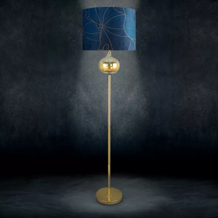 LIMITED COLLECTION Lampa stojąca LOTOS 2 ze szklaną ozdobą z efektem ombre i welwetowym abażurem HARMONIA TURKUSU