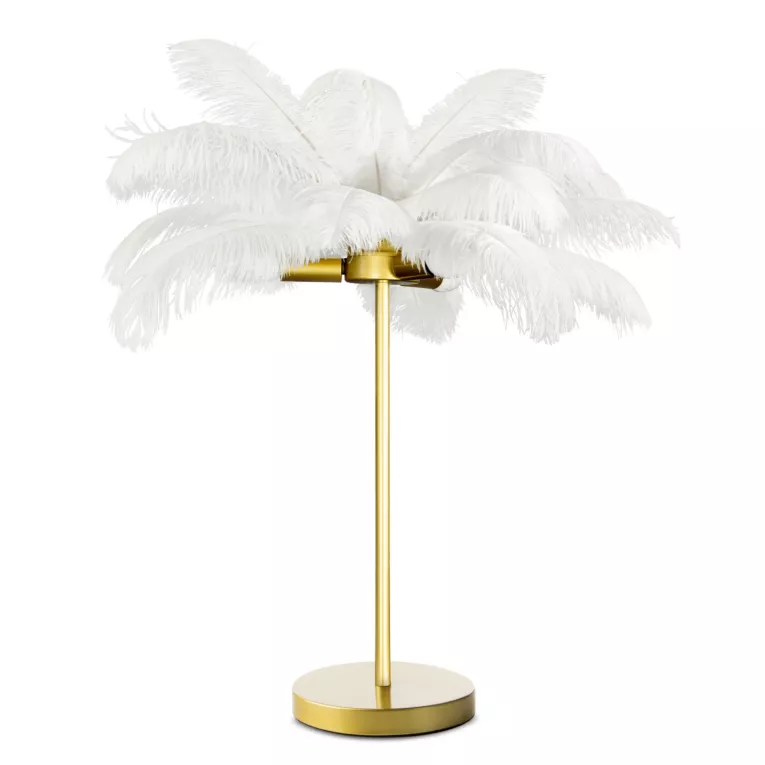 Lampa stołowa do salonu biało, złota FERI na metalowej podstawie z niezwykle efektownym abażurem z naturalnych strusich piór