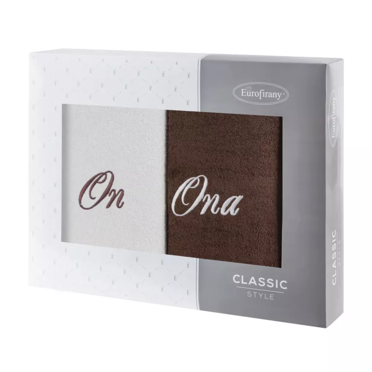 Zestaw upominkowy 2 szt ręczników 70X140 cm z haftem ONA i ON w kartonowym opakowaniu na prezent