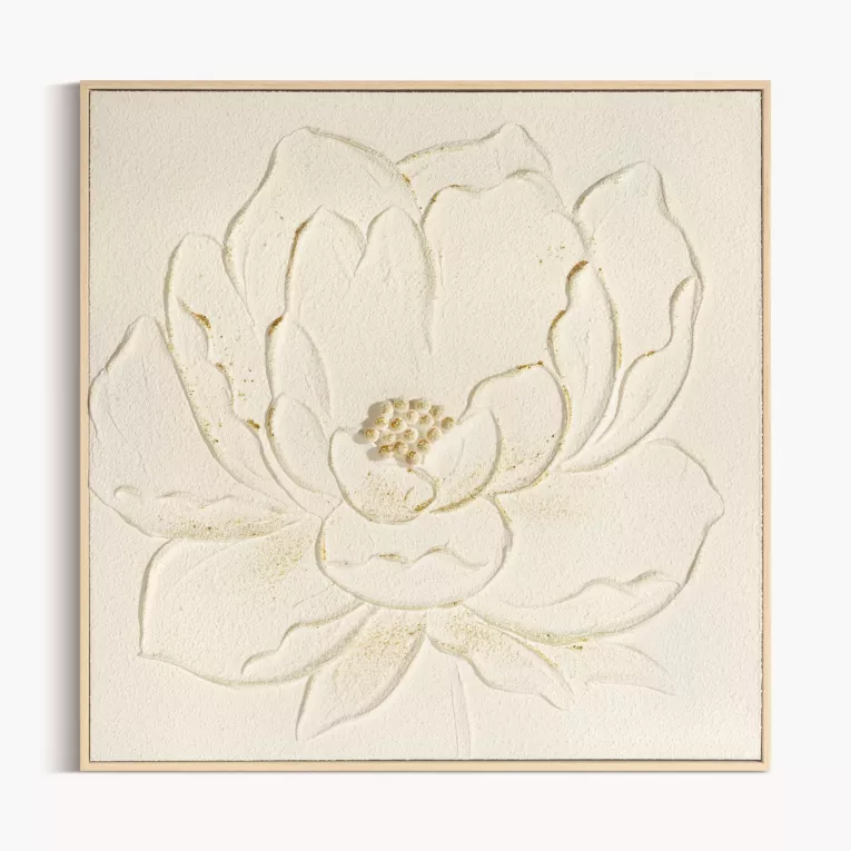 Obraz kremowo, zloty ręcznie malowany na płótnie z motywem kwiatów oprawiony w ramę 62x62 cm