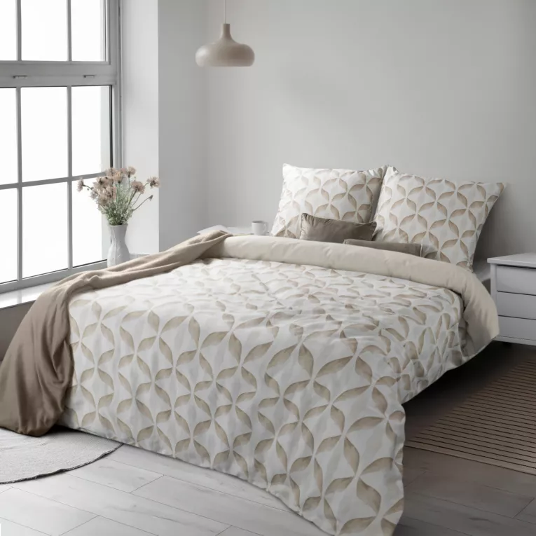 Pościel 140x200 cm komplet 2 częściowy satyna bawełniana kolor ciemnobeżowy, jasnobeżowy zdobiony motywem geometrycznym SPRING 103