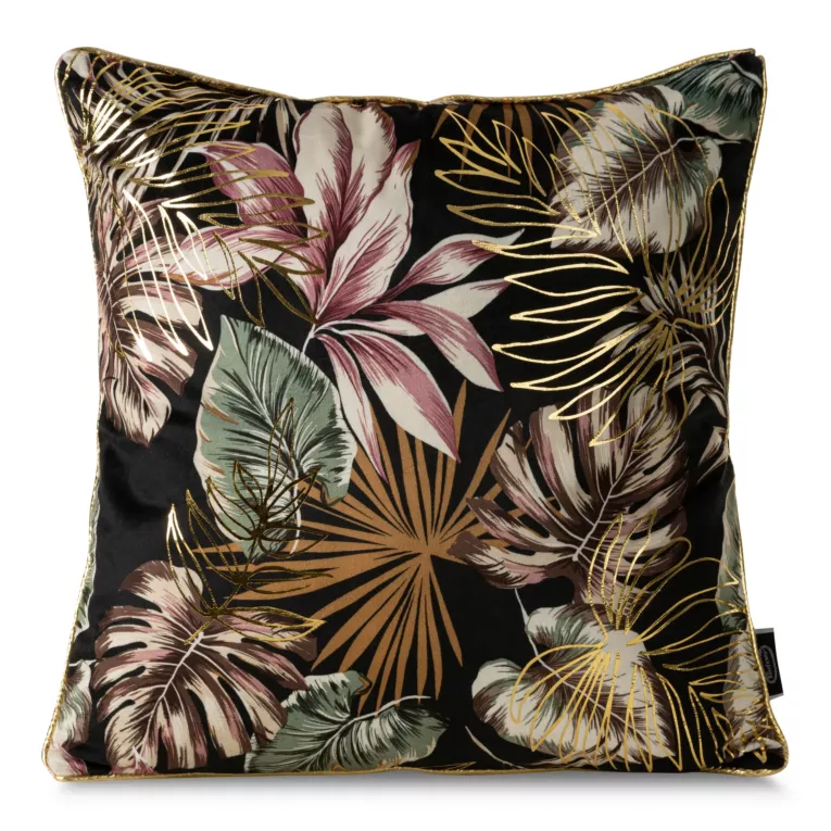Poszewka na poduszkę 45x45 cm welwetowa czarna z nadrukiem barwnych egzotycznych i złotych liści MAROKO