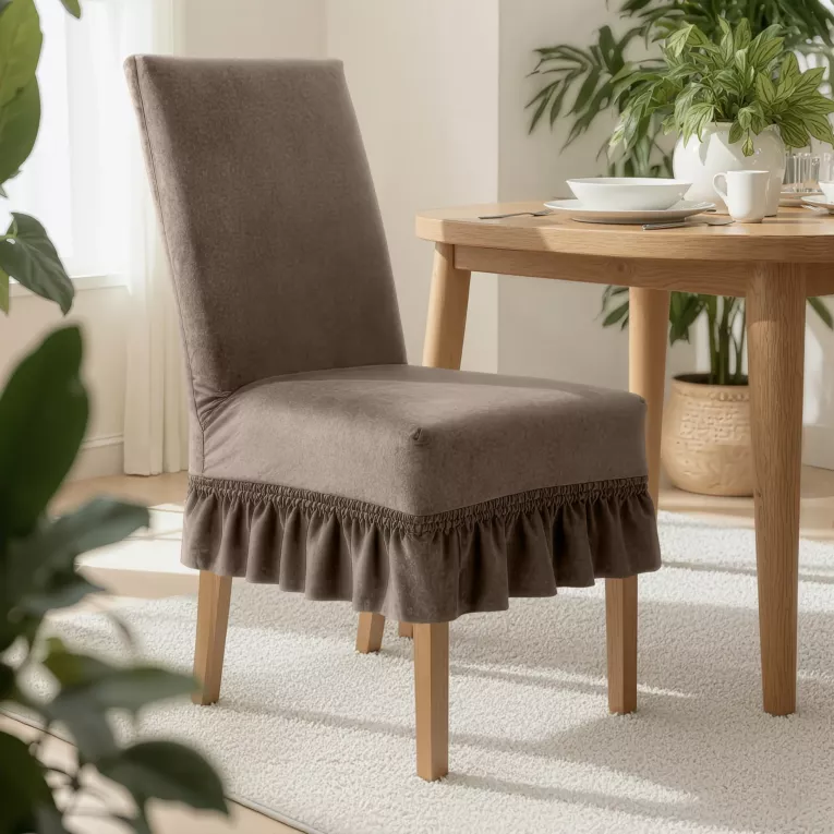 Pokrowiec na krzesło ciemnobeżowy wodoodporny z ozdobną falbanką 35x55x30 cm Design 91