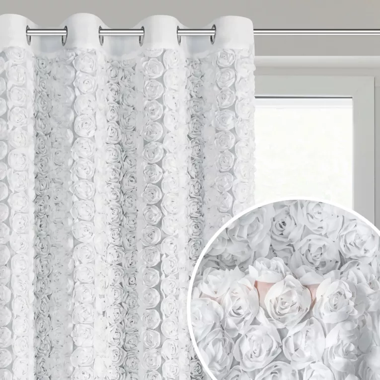 Zasłona biała z szyfonu zdobiona różami 3D 140x250 cm przelotka - ROSES Eva Minge